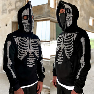 Mens Rhinestone <b>Skeleton</b> Zip Up Hoodie <b>Full</b> Face Skull Hoodie Oversized Gothic Streetwear Hooded Sweatshirt Y2K Hip Hop Pullover - Product Image 5