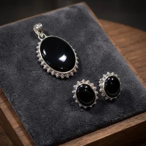 925 Sterling Silver Black Onyx Jewelry Set Pendant Earrings Oval Gemstone Beaded Setting Women's Classic Elegant Everyday Wear - Product Image 4