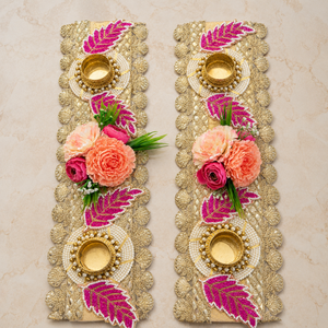 Pink Leaf Floral Diya Decoration Pair Handmade Gold Patti Pearl Wedding <b>Mandir</b> Pooja Festival Home Decor Gift Item - Product Image 4