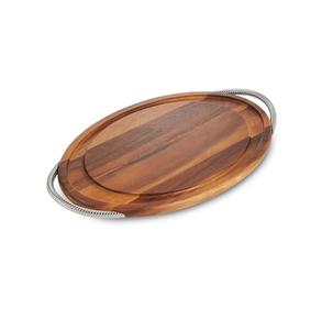 Bandeja ovalada de madera para servir con asas de metal plateadas, opción de logotipo personalizado, entrega rápida para restaurantes y hoteles, uso en mesa. - Product Image 1