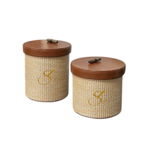 Handwoven Rattan <b>Storage</b> <b>Box</b> with <b>Brown</b> Leather Lid for Home Organization - Product Image 1