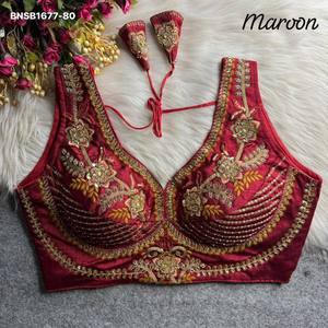Beautiful Italian Silk Tricot Fusing with Thread-<b>Beads</b>-Heavy Zari-Sequence work Readymade Padded & Pan-Neck Blouse Woman Fashion - Product Image 5
