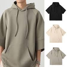เสื้อฮู้ดแขนสั้นผ้าเฟรนช์เทอร์รี่พรีเมียมเนื้อหนา ผลิตจากโพลีเอสเตอร์/คอตตอน เป็นมิตรต่อสิ่งแวดล้อม |   เสื้อสเวตเชิ้ตทรงหลวมสีเขียวมะกอกสำหรับฤดูร้อน | - Product Image 3