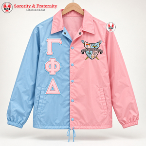 Veste de coach personnalisée Gamma Phi Delta Sorority, logo brodé sur le devant, couleurs rose et bleu clair, manches longues, légère, pour femme - Product Image 2
