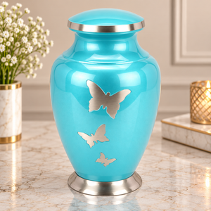 Urne commémorative Serene avec motif silhouette de papillon, finition bleu turquoise, base argentée, récipient pour cendres commémoratives, objet commémoratif - Product Image 1