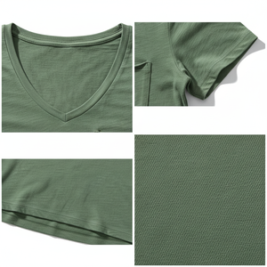 Camiseta de Manga Corta con Cuello en V y Bolsillo para Mujer, Corte Holgado, Algodón Suave y Ligero, Etiqueta Personalizada, Proveedor Mayorista OEM - Product Image 5