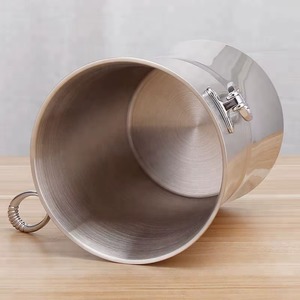 Elegant Round Ice <b>Bucket</b> <b>With</b> <b>Lid</b> Metal Double Wall Party Beverage Cooler Gold Trim Beige Exterior - Product Image 2