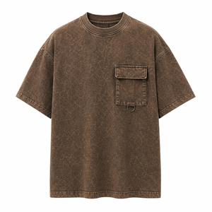 Camiseta de algodón para hombre, oversize, cuello redondo, manga corta, con lavado ácido, diseño de punto antiarrugas, efecto tie-dye, bolsillo frontal, 220g - Product Image 1
