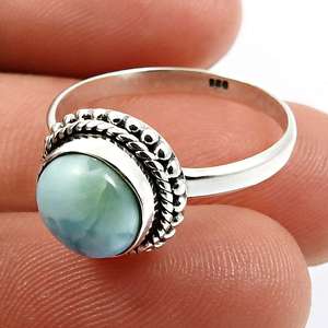 Handmade 925 <b>Sterling</b> <b>Silver</b> <b>Rings</b> Comes With Larimar Gemstone New Vintage Design Bezel <b>Set</b> Round Cut Gemstone Boho <b>Ring</b> - Product Image 4