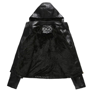 Blouson de moto d'hiver pour femme avec fermeture éclair en fourrure de mouton, tissu respirant en laine et capuche en cuir de vachette collé - Product Image 6