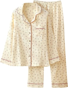 Conjunto de Pijama de Manga Larga 100% Algodón para Mujer, Estampado, Transpirable, Informal, con Botones, Tejido de Alta Calidad - Product Image 4