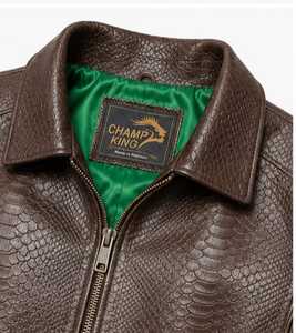 Veste en cuir marron gaufré pour homme Champ King avec doublure en satin vert, col montant et fermeture éclair - Product Image 1