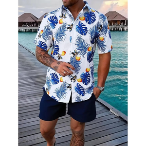 Conjunto de 2 piezas para hombre, camisa y pantalones cortos con estampado hawaiano, azul Monstera XL, poliéster tejido transpirable - Product Image 4