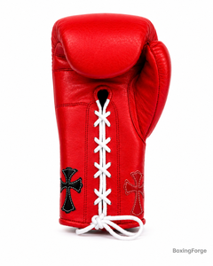 No Boxing No Life Gants de boxe en cuir rouge avec lacets au poignet et motif croisé coloré pour adultes - Product Image 4