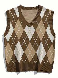 เสื้อกั๊กไหมพรมแขนกุดลายอาร์ไกล์สำหรับผู้ชาย คอวี สไตล์เรโทร พรีปปี้ แฟชั่นลำลอง เสื้อถักขายส่ง - Product Image 6