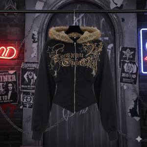 เสื้อฮู้ดครอปสไตล์โกธิค Y2K – ฮู้ดขนเฟอร์เทียม ทรงเข้ารูปสไตล์โกธิค - Product Image 4