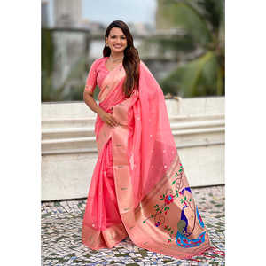 ผ้าซารีออร์แกนซ่าสีชมพูเข้ม ยี่ห้อ Elite Weaves พร้อมงานปักดิ้น Paithani Zari เสื้อผ้าอินเดีย/ปากีสถาน - Product Image 6