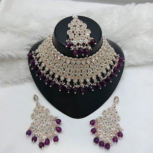 Parure de bijoux de mariée en laiton plaqué or et zircon, collier ras-du-cou, boucles d'oreilles pendantes, tikka, haute qualité, pour fête, mariage, cadeau ethnique - Product Image 1