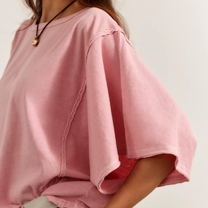 Summer New Print Oversized Pink Batwing Sleeve T-Shirt Plus Size Women's Solid Color O-Neck Short Length Jersey Cotton Top Women - Product Image 3