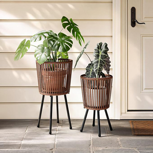 Juego de 2 Soportes para Plantas de Ratán, Soporte para Plantas Estilo Boho, Soportes para Plantas de Mimbre Tejidos a Mano para Interiores con Marco de Metal, Soporte para Plantas de Estilo Mid-Century - Product Image 3