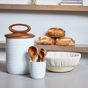 Sophisticated Ceramic Storage Canister Wooden Loop <b>Lid</b> Ribbed Texture Airtight Kitchen Jar Modern Countertop Accent <b>Decor</b> - Product Image 4