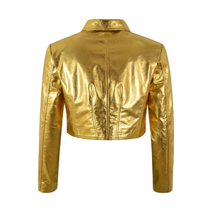 Women’s Metallic Genuine Soft Nappa Leather Cropped <b>Jacket</b> Gold <b>Silver</b> Slim Fit Button Front Denim Trucker Style Fashion <b>Jacket</b> - Product Image 4
