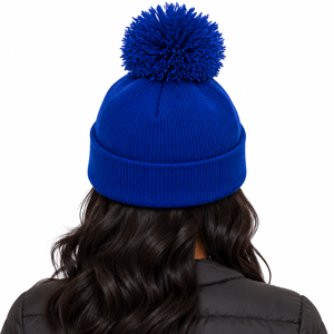 Gorro de Punto Azul Rey con Letras Bordadas en Amarillo, Gorro de Invierno con Pompón, Borde Plegado, Suave, Cálido, Informal, Unisex para Exteriores - Product Image 2
