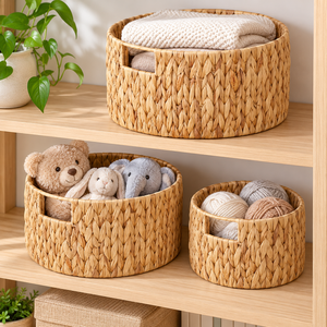 Paniers de rangement cylindriques modernes et écologiques en jacinthe d'eau tressée à la main avec poignées découpées, pour l'organisation des étagères, lot de 3 - Product Image 6