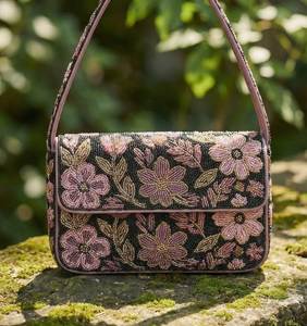 Handmade Black Floral <b>Beaded</b> Shoulder Bag Vintage Flower Purse - Product Image 1