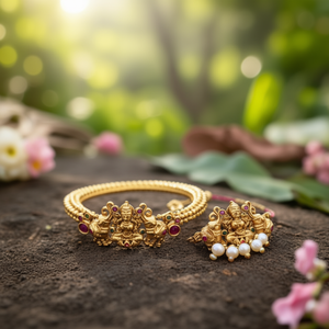 Ethnic Gold Plated <b>Copper</b> Brass Kada <b>Bangles</b> with Pearl Oxidized Polish Finish India Origin for Engagement - Product Image 3