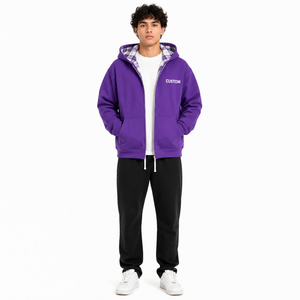 Premium Full Zip Cotton Fleece Hoodies Plaid Lined Hood Custom Logo Heavyweight Zip Up OEM Private <b>Label</b> Wholesale Streetwear - Product Image 4