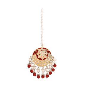 Tikka ethnique plaqué or Kundan avec perles roses, bijou de front fait main pour femmes, pour mariage - Product Image 3