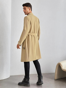 Manteau trench-coat kaki croisé pour homme, à revers crantés, ceinturé, longueur genou, manches classiques, en laine et polyester - Product Image 2