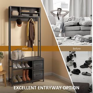 Porte-manteau d'entrée 5-en-1 avec 3 étagères de rangement, 2 tiroirs en tissu, banc et rangement à chaussures, gris - Product Image 5