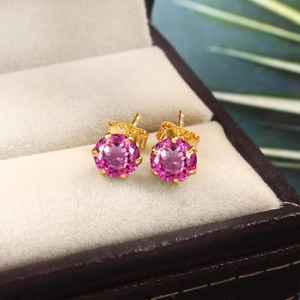 Boucles d'oreilles en saphir rose de Ceylan, en argent sterling 925, plaqué or 14 carats, clous ronds, bijoux fins pour femmes - Product Image 1