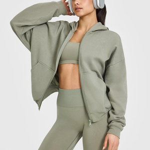 Wholesale Custom Blank Women's <b>Zip</b> up <b>Hoodie</b> Custom Logo Puff Print Oversize Zipper Ribbed Cuffs <b>Hoodie</b> With Kangaroo <b>Pockets</b> - Product Image 5
