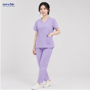 Uniforme Médico Antiarrugas para Mujer, Cuello en V, Color Morado Suave, Tejido Transpirable, Poliéster y Rayón - Product Image 3