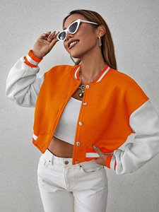 Orange <b>White</b> Contrast Baseball Jacket Full Sleeve Short Length <b>Button</b> Closure Women's Crop Top Jacket - Product Image 4