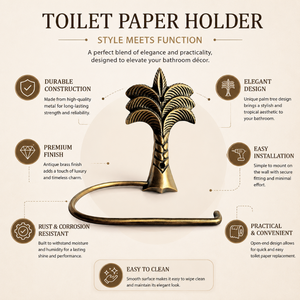 Porte-papier toilette en laiton antique en forme de palmier, support mural pour rouleau de papier toilette, accessoire de salle de bain décoratif vintage en métal - Product Image 5