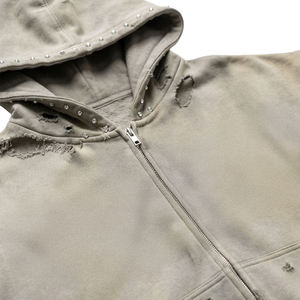 Sweat à capuche pour homme de haute qualité, vintage, avec strass, fermeture éclair, poches, respirant, séchage rapide, en coton French Terry, effet délavé soleil et vieilli - Product Image 4