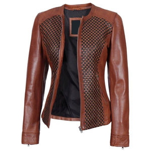 <b>Women's</b> <b>Brown</b> Genuine <b>Leather</b> Motorcycle <b>Jacket</b> With Geometric Checkered Pattern Full Sleeve Zipper Closure Regular Fit Autumn - Product Image 2