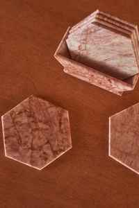 Juego de 6 posavasos hexagonales de mármol rosa, posavasos de piedra natural con soporte. - Product Image 5