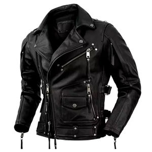Men's Genuine Leather Breathable Eco-Friendly Plain Dyed Moto Biker <b>Jacket</b> <b>Slim</b> <b>Fit</b> Zipper Closure V-neck Collar Front Regular - Product Image 4