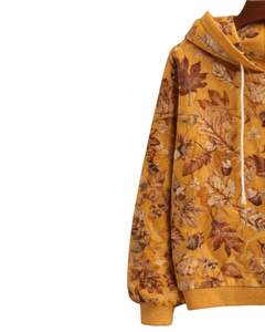 Sudadera con Capucha para Mujer, Estampado de Hojas Otoñales Amarillo Mostaza, Felpa de Algodón, Estilo Casual, Fabricante Personalizado, Proveedor de Ropa al por Mayor - Product Image 3