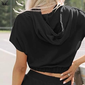 Women's 2 Piece Outfits Sweatsuit Cropped Cap Sleeve Hoodies Sweatshirt and Drawstring Skirt <b>Shorts</b> Tracksuit Set - Product Image 2