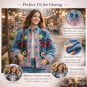 Chaqueta Bomber Bordada en Terciopelo Azul Hecha a Mano para Mujer, Mangas Largas, Cuello Alto, Abrigo de Invierno con Bolsillos - Product Image 5