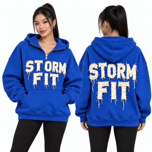 เสื้อฮู้ดผู้หญิงสีม่วงอ่อนแบบซิปครึ่งตัว ทรงสตรอมฟิต แต่งตัวอักษรแบบแอพพลิเค ไหล่ตก มีกระเป๋าจิงโจ้ ผ้าฟลีซลำลอง สไตล์สตรีทแวร์ กันลม - Product Image 6