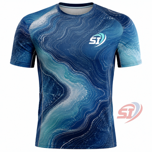 เสื้อยืดวิ่งแบบกำหนดเอง แห้งเร็ว ระบายอากาศได้ดี พิมพ์ลายแบบซับลิเมชั่น สำหรับการฝึกซ้อมมาราธอน ชุดกีฬา โอเชียน เทอร์มอล คอนทัวร์ - Product Image 1