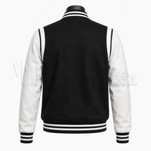Chaqueta Varsity Personalizada en Blanco y Negro, Cuerpo de Lana, Mangas de Cuero, Chaqueta de Béisbol Letterman, Fabricante de Marca Privada OEM - Product Image 2