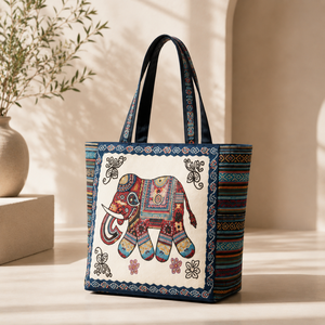 Bolsa de lona bordada con diseño de elefante y patrón étnico, bolso de hombro para compras, salidas informales y uso diario. - Product Image 1